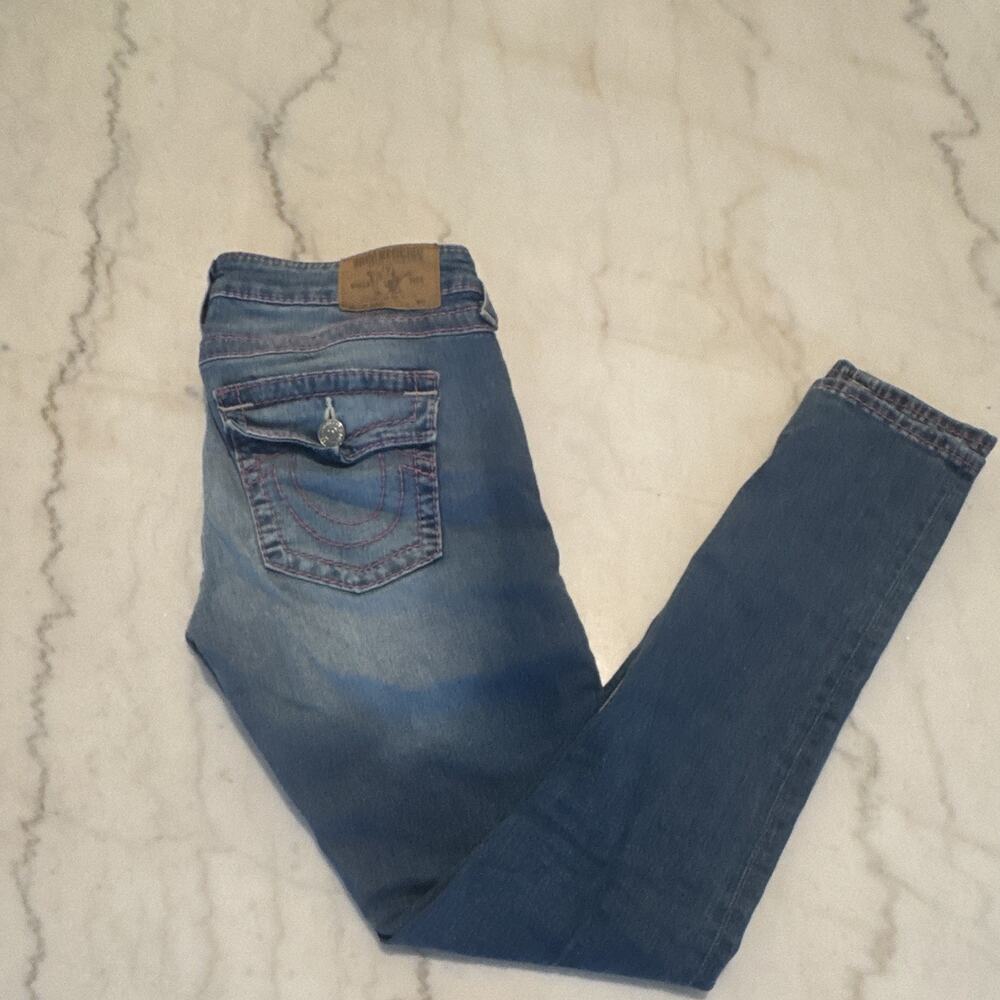 True Religion Women's Size 31 Pink Stitching Skinny Flap Jeans 0177
